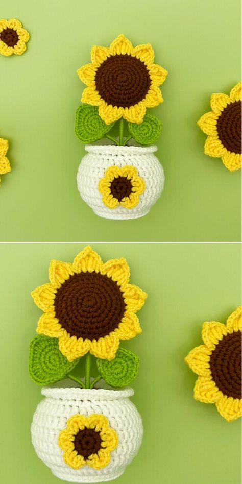 Crochet Flower In A Pot Free Pattern, Crochet Potted Sunflower, Potted Flower Crochet Pattern, Crochet Sunflower Bouquet Pattern Free, Easy Crochet Sunflower, Crochet Marigold Flower Free Pattern, Crochet Flower Pots Free Pattern, Potted Sunflowers, Irish Crochet Flowers