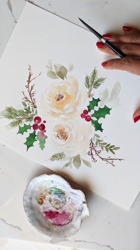 Christmas Flower Paintings, Winter Floral Painting, Christmas Floral Painting, Winter Flowers Watercolor, Watercolor Christmas Flowers, Watercolor Christmas Tutorial, Christmas Flower Painting, Free Watercolor Flowers, Winter Watercolor