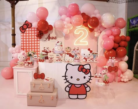 Hello Kitty Strawberry Birthday, Hello Kitty Backdrop Birthday, Hello Kitty Theme Party Backdrop, Hello Kitty Birthday Theme Backdrop, Red Hello Kitty Party Decorations, Red Balloon Garland, Hello Kitty Birthday Party Decorations, Hello Kitty Backdrop 1st Birthdays, Hello Kitty Birthday Decorations