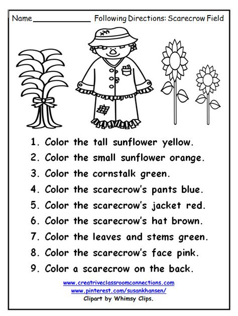 Free following directions worksheet features a fall scarecrow and sunflowers. Find complete following direction units at: www.creativeclassroomconnections.com Pre K Following Directions Activities, Following Directions Worksheet 2nd Grade, Thanksgiving Following Directions Free, Scarecrow Worksheets Preschool, Preschool Following Directions Activity, Fall Following Directions Worksheet, Colouring Practice, Scarecrow Worksheets, Scarecrow Literacy Activities