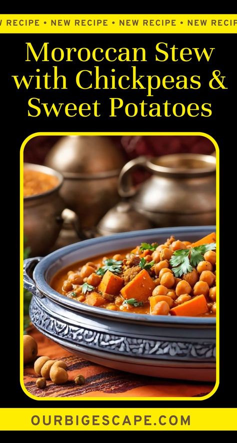 Moroccan Chickpeas And Sweet Potato Stew Recipe Morrocan Stew, Moroccan Chickpeas, Chickpeas And Sweet Potatoes, Moroccan Vegetable Stew, Veg Stew, Sweet Potato Stew, Moroccan Stew, Moroccan Vegetables, Moroccan Recipes