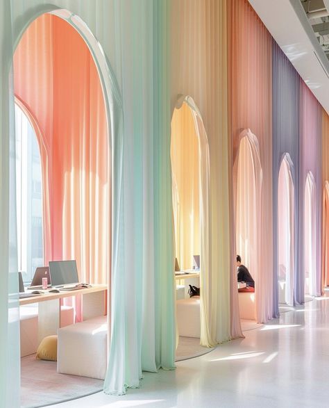 Soft Pastel Interior Design, Pastel Salon Decor, Holographic Interior Design, Dreamy Interior Design, Co Working Space Design, Rainbow Architecture, Aura Room, Pastel Color Wall, Pastel Architecture