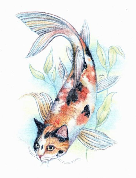 Catfish Drawing, Pet Tattoo Ideas, Metamorphosis Art, Pet Tattoos, Cat Mermaid, Hybrid Cat, Animal Art Projects, Calico Cats, Hybrid Art