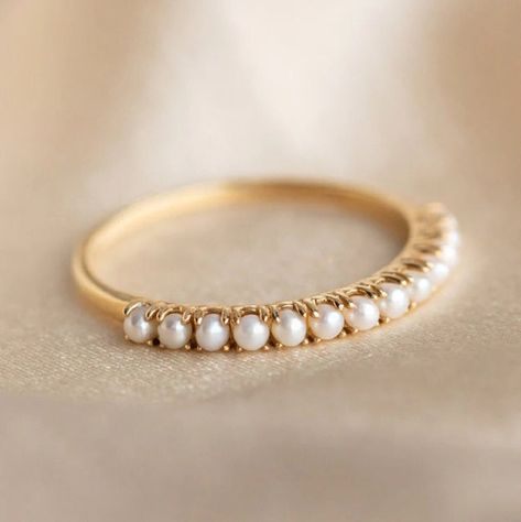 Pearl Wedding Bands, Gold Bridesmaid Jewelry, Ring Pearl, Gold Pearl Ring, Gold Bridesmaids, Half Eternity Wedding Band, Freshwater Pearl Ring, Unique Bands, Eternity Wedding Band