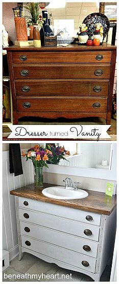 Dresser turned Bathroom Vanity! Dresser Vanity Bathroom, Bathroom Equipment, Bathroom Dresser, Dresser Vanity, Furniture Rehab, Furniture Makeover Diy, Redo Furniture, Flipping Furniture, Repurposed Furniture