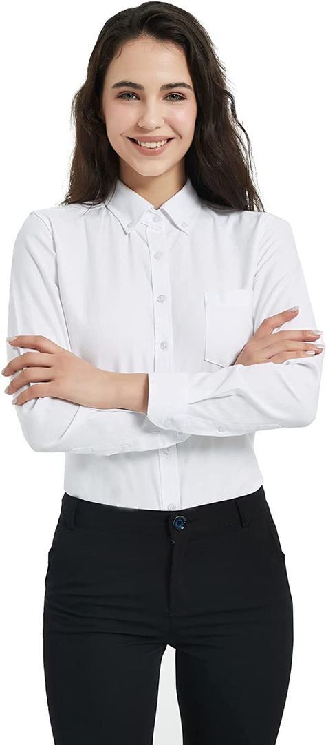 White Button Down Shirt Women's Long Sleeve Oxford Shirt Cotton Work Blouse Wrinkle Resistant White M at Amazon Women’s Clothing store White Button Shirt, White Oxford, White Shirt Blouse, Oxford White, White Button Down Shirt, Fitted Shirt, Quality Dresses, White Button Down, Dress Shirts For Women