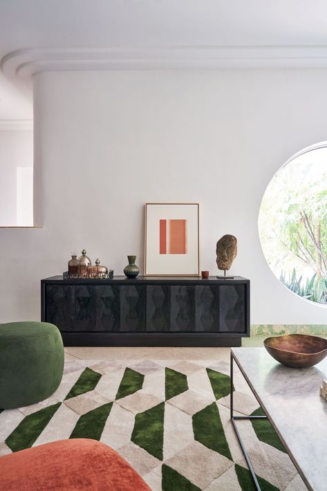 Modern Art Deco Home, Modern Eclectic Interior, Modern Media Console, Spring Bedroom, West Elm Kids, Tile Rug, Deco Home, Art Deco Home, Round Ottoman