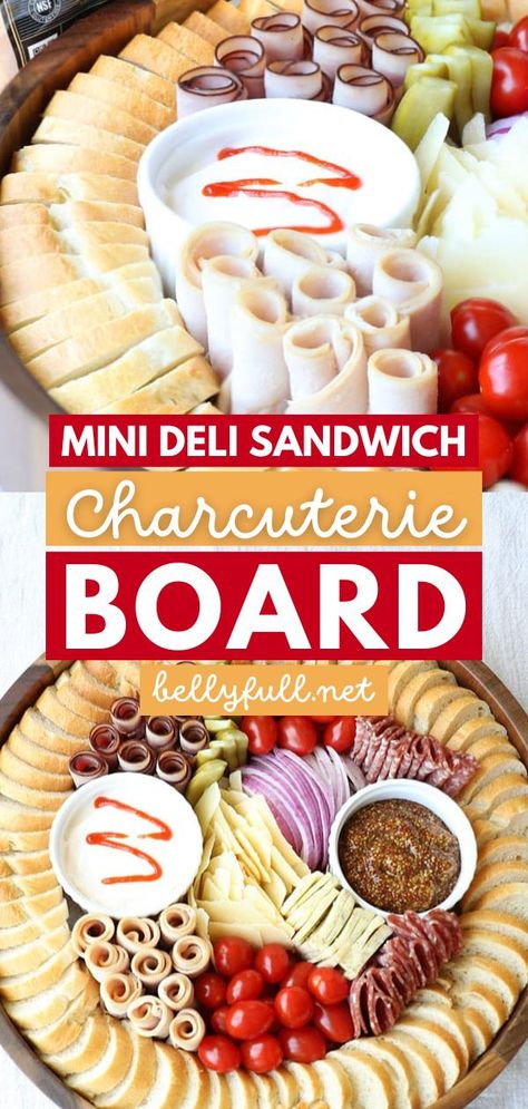 Entertain family and friends with this Thanksgiving appetizer! This crowd-pleasing appetizer recipe is easy to put together and fun to eat. You can't go wrong with this Mini Deli Sandwich Charcuterie Board featuring meat and cheese, bread, and more! Deli Meat Charcuterie Board Ideas, Mini Sandwich Charcuterie Board, Deli Meat Charcuterie Board, Make Your Own Sandwich Platter, Chicken Salad Charcuterie Board, Charcuterie Sandwich Board, Slider Charcuterie Board, Bread Board Appetizer, Mini Deli Sandwiches