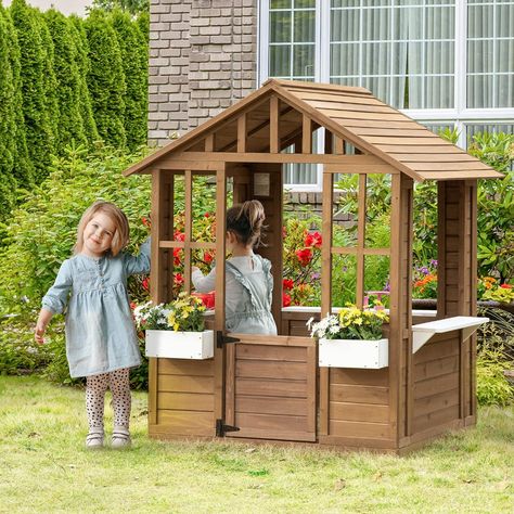 Amazon.com: Outsunny Kids Wooden Playhouse, Outdoor Garden Games Cottage, with Working Door, Windows, Flowers Pot Holder, 47" x 38" x 54" : Toys & Games Playhouses For Kids Outdoor, Windows Flowers, Kids Wooden Playhouse, Playhouse Furniture, Toddler Playhouse, Kids Playhouse Outdoors, Flowers Pot, Backyard Playhouse, Door Dimensions