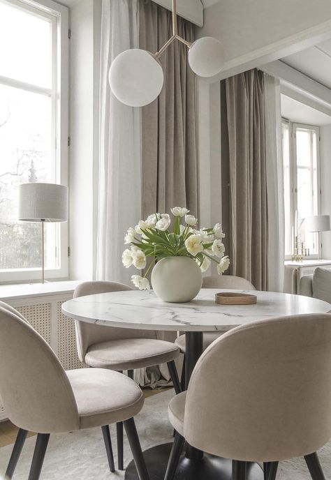 Home tour | Soft, neutral decor in Finland | These Four Walls Dining Chairs With Marble Table, Round Marble Kitchen Table, Circle Marble Table, Marble Round Dining Table Decor, Marble Table With Chairs, Circle Marble Dining Table, Round Dining Table Candle Decor, Dining Table White Marble, Beige Chairs Dining