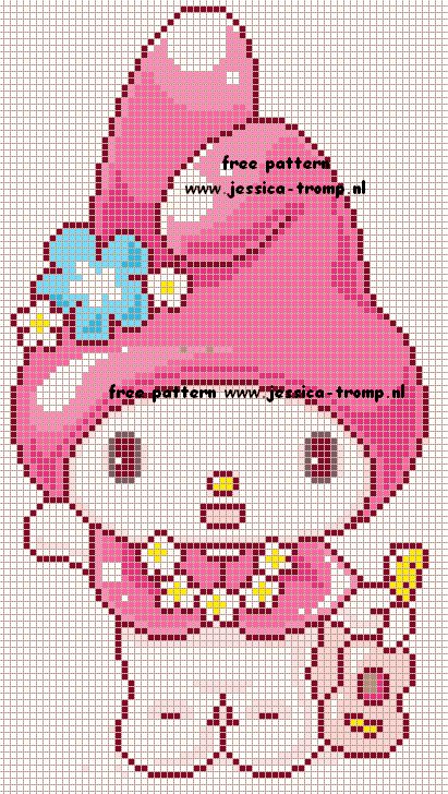 Free My Melody Cross Stitch Chart or Hama Perler Bead Pattern Cross Stitch Patterns Sanrio, My Melody Cross Stitch, Hello Kitty Cross Stitch, Stitch Hello Kitty, Kitty Cross Stitch, Free Cross Stitch Designs, Kawaii Cross Stitch, Cross Stitch For Kids, Pixel Crochet