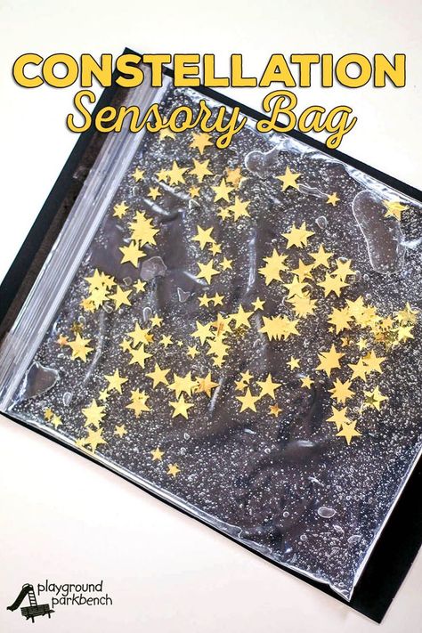 Our Preschool Study of the Stars continues with constellation-inspired sensory play. The Constellation Sensory Bag is a great way to provide hands on learning about the night sky, perfect for toddlers and preschoolers. A great fine motor skill challenge, Space Lessons, Space Preschool, Sensory Bag, Sensory Bags, Outer Space Theme, Space Activities, Camping Theme, Motor Activities, Camping Crafts