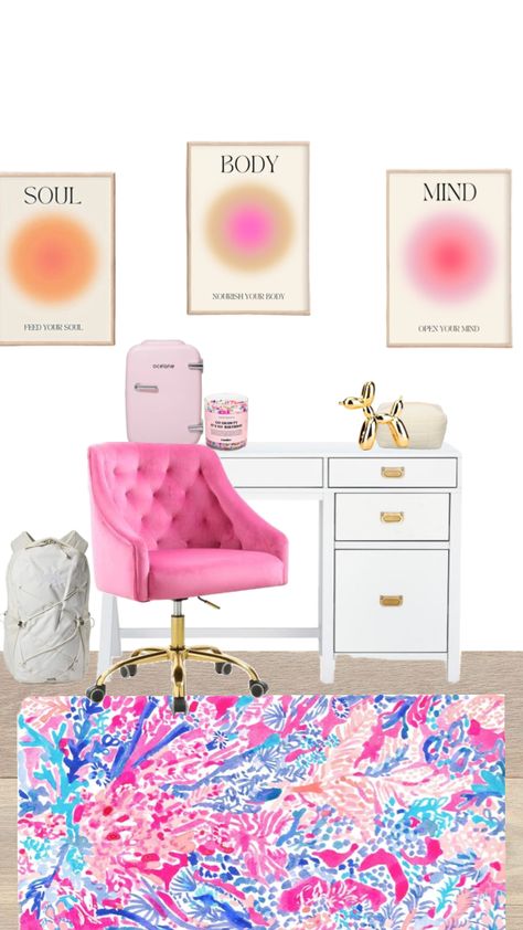 Preppy Room Inspo Desk, Preppy Desk Area, Room Decor Preppy Pink, Preppy Desk With Computer, Hot Pink Preppy Desk, Preppy Desk, Small Room Inspo, Clear Desk, Room Desk