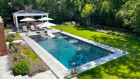 Pool Surrounded By Trees, Pool With Shed, Patios Ideas Backyard, Hampton Pool, Hamptons Pool, Ideas Backyard Patio, Patios Ideas, Rectangle Pool, Dream Backyard Pool