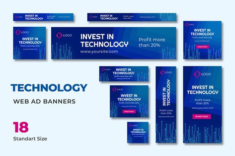 Tech Web Banner Template PSD Google Banner Ads, Standing Banner Design, Roll Banner, Web Design Ux Ui, Website Banner Design, 달력 디자인, Network Technology, Web Ads, Linkedin Banner