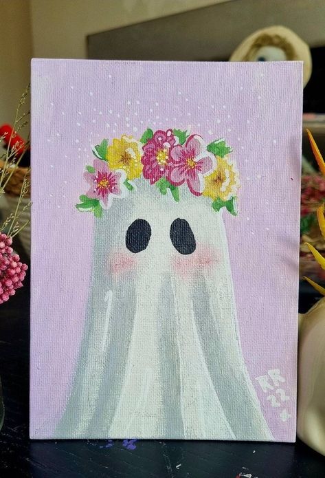 Fluffy Paint Art, Ghost Acrylic Painting, Hay Bale Art, Halloween Canvas Paintings, Flower Ghost, Halloween Canvas Art, Cute Easy Paintings, Famous Characters, Simple Canvas Paintings