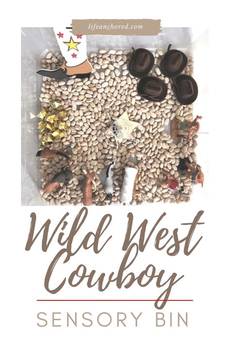 WILD WEST COWBOY SENSORY BIN Sensory Bin Diy, Wild West Activities, Rodeo Crafts, Wild West Crafts, Wild West Games, Cowboy Crafts, Infant Lesson Plans, Wild West Theme, Indoor Activities For Toddlers