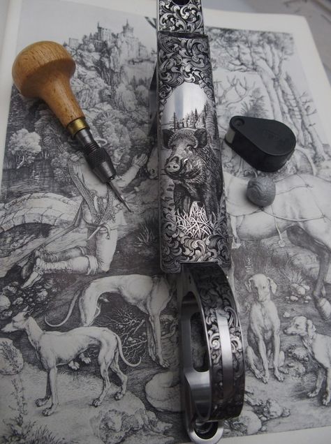 bulino hand engraving guns Western Engraving, Metal Engraving Tools, Tactical Gear Storage, Engraved Knife, Engraving Tools, Engraving Art, Knife Art, Hunting Trip, Metal Engraving