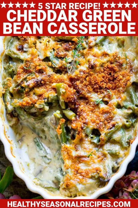 This recipe for Green Bean casserole is made entirely from scratch with the addition of cheddar cheese to make it ultra delicious! Serve it for Thanksgiving and you'll get rave reviews! Thanksgiving Stuffing Cornbread, Green Bean Casserole With Cheese, Green Bean Casserole Recipes, Bean Casserole Recipes, Cheddar Green Bean Casserole, Holiday Green Beans, The Best Green Bean Casserole, Casserole With Cheese, Creamy Green Beans