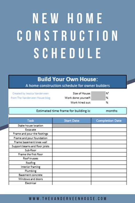 Are you planning on building your own house? Are you looking for a general house construction schedule to make the construction process easier? Get this free construction schedule template to give you a better idea of what you can expect when you build your new home! #newhomeconstruction #ownerbuilder Home Building Schedule, New Home Construction Checklist Building A House, New Home Construction Timeline, Process Of Building A House, House Building Timeline, Home Building Process, New Home Construction Checklist, General Contractor Checklist, Checklist For Building A New House