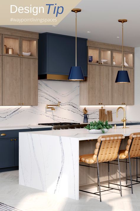 maple almond and painted navy kitchen Navy And Natural Wood Kitchen, Blue And Wood Kitchen Cabinets, Waypoint Kitchen Cabinets, Navy And Wood Kitchen, Modern Navy Kitchen, Blue And Wood Kitchen, Cabinets Gold Hardware, Navy Kitchen Cabinets, Navy Blue Kitchen Cabinets