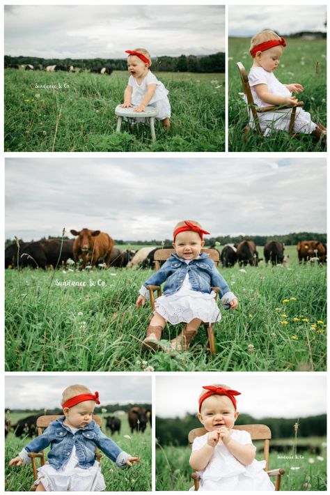 One Year Farm Photoshoot, Farm Birthday Photo Shoot, Farm First Birthday Pictures, Cow 1st Birthday Pictures, Cowgirl First Birthday Pictures, First Birthday Farm Photoshoot, Outside Baby Photoshoot, Farm Theme Photo Shoot, Cow Birthday Pictures