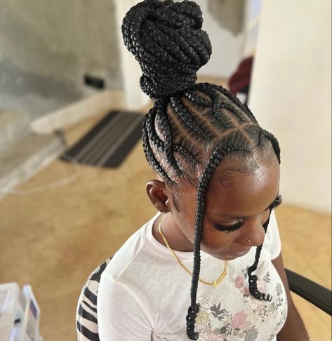 #braids Hair Braided Into Bun Black Woman, Feed In Braids Hairstyles With Designs, Feed In Ponytail Kids, Braided Up Bun For Black Women, Kids Feed In Ponytail, Cornrow Hairstyles For School Natural Hair, Feed In Braids Hairstyles For Kids, Kids Braided Updo Hairstyles, Feedin Braids Bun