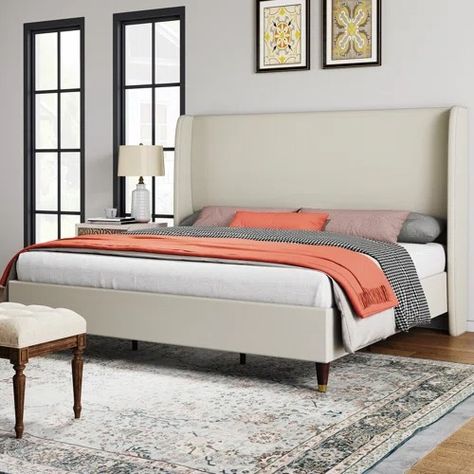 Willa Arlo Interiors Dunwoody Upholstered Wingback Platform Bed | Wayfair Bed Platform, Wingback Bed, Wingback Headboard, Headboard Designs, Beds & Bed Frames, Wooden Slats, Platform Bed Frame, Upholstered Platform Bed, Bedroom Furniture Beds