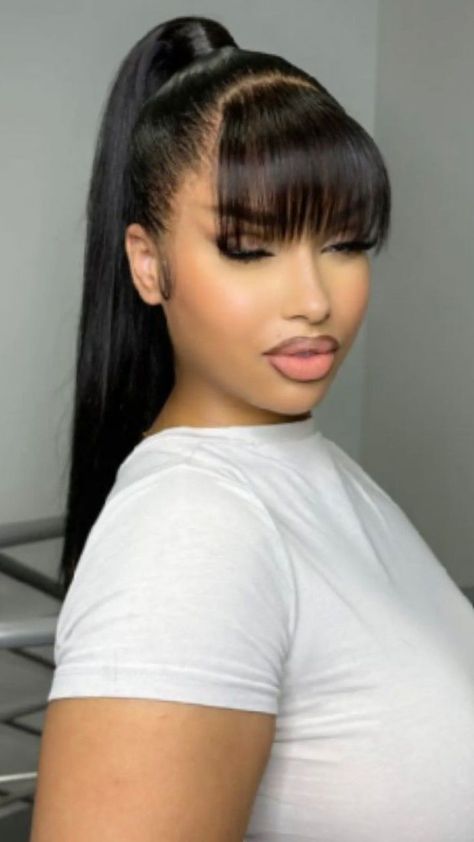 Ponytail Inspo For Black Women, Low Pony With Bangs, Low Ponytail With Bangs For Black Women, Ponytail Wigs Black Women, Braid Ponytail With Bangs, Bang Ponytail Hairstyles For Black Women, Kash Doll Ponytail, Baddie Bun Hairstyles, Long Ponytail With Bangs