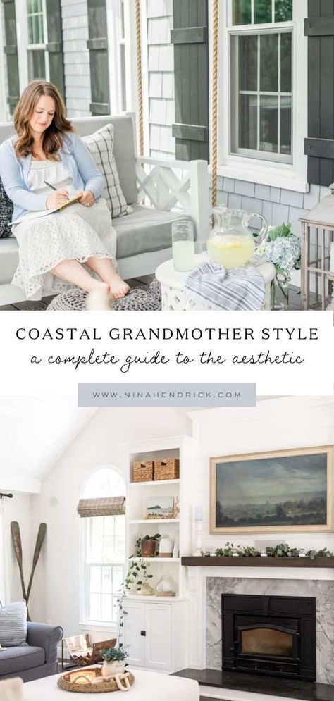 Coastal Country Decor, New England Coastal Decor, Coastal Cottage Bedroom, Coastal Cottage Living Room, Grandmother Style, Coastal Grandmother Aesthetic, Nantucket Style Homes, Grandmother Aesthetic, Transitional Coastal