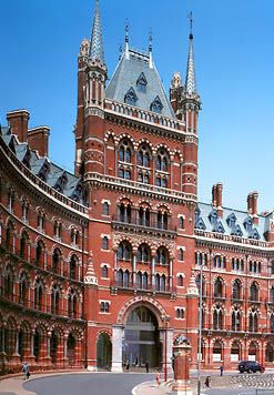 The St. Pancras Renaissance London Hotel exemplifies High Victorian Gothic architecture in its most dramatic sense, the stunning redbrick building having been saved from demolition in the sixties by a protest St Pancras Hotel, St Pancras Station, Victorian Buildings, London Architecture, St Pancras, Castle Hotel, Victorian Architecture, Fairytale Castle, London Hotels