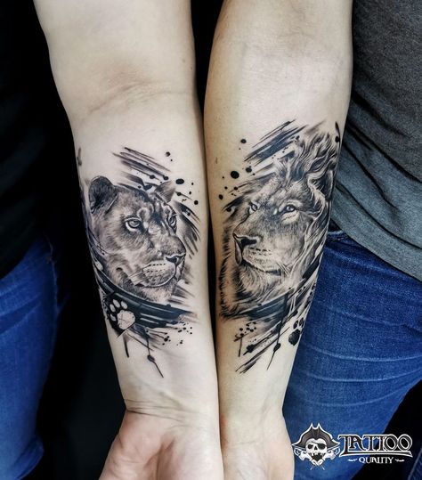 Lion Tattoo For Couples, Wilson Tattoo, Couple Tats, Tattooed Couples Photography, Tattoo Mafia, Brother And Sister Tattoo Ideas, Couple Tat, Him And Her Tattoos, Sister Tattoo Ideas