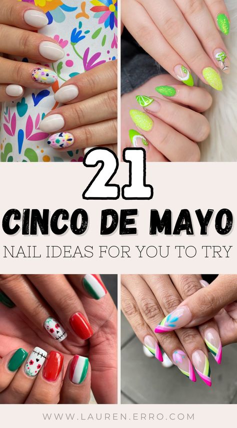 This post has a round-up of 21 Colorful Cinco De Mayo Nail Ideas. From intricate artwork to fun and whimsical designs there are so many colorful, fun, and cute nail ideas here for your Cinco De Mayo celebrations. Mexican Nail Designs Ideas, Mexico Theme Nails, Hispanic Heritage Month Nails, Mexico Nail Art, Hispanic Heritage Nails, Margarita Nails Design, Nails Mexican Theme, Mexican Independence Day Nails, Mexican Themed Nails