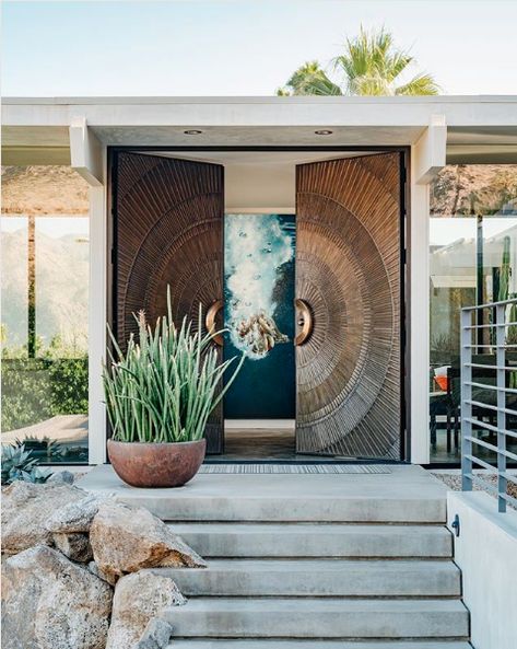 Bonded Metal Doors. A statement-making entry featured in @desert_magazine. Styling by @michaelwaltersstyle. Architectural remodel by @schmidtarchitecture Double Door Entrance, Metal Front Door, Main Entrance Door Design, Main Entrance Door, Entrance Door Design, Door Design Interior, Main Door Design, Entrance Design, Front Door Design