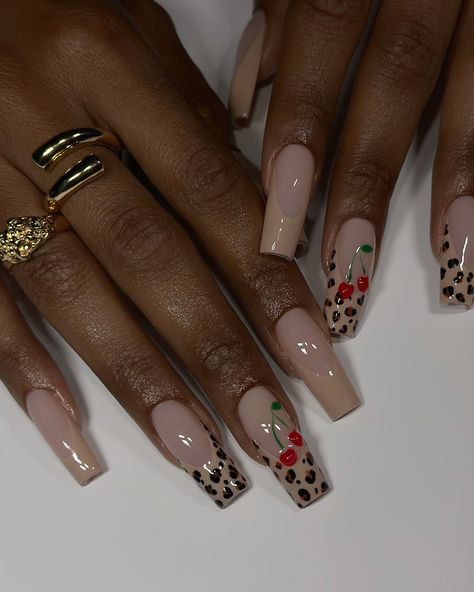 Cherry 🍒 cheetah🐆 Cheetah Nails, Red Nails, Nails, Red