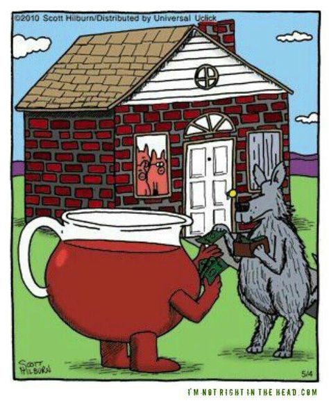 Big Bad Wolf paying Kool Aid Man to bust down the wall. Kool Aid Man, Online Comics, Kool Aid, Little Pigs, Funny Cartoons, Bones Funny, Funny Comics, The Words, Funny Cute