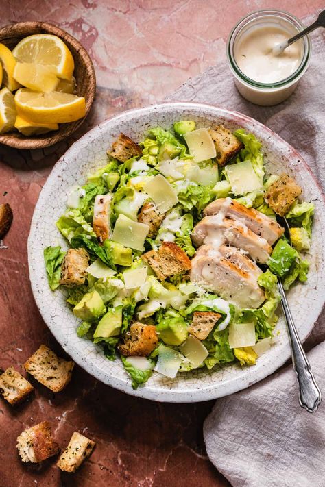 A light & healthy Chicken Caesar salad with homemade sourdough croutons, tossed in a creamy vegan tahini Caesar dressing and shaved Parmesan. This is the best healthy Caesar salad you will ever find! Perfect for quick and easy meals and dinners. Healthy Chicken Cesear Salad, Caesar Salad Photography, Salad Ceasar, Plating Salad, Healthy Caesar Salad, Sourdough Croutons, Chicken Breast Salad, Chicken Caesar Salad Recipe, Salad Menu