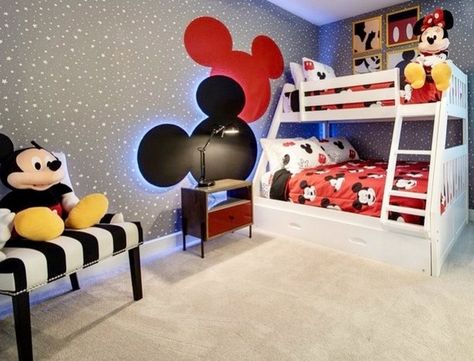 Mickey And Minnie Shared Bedroom, Grandkids Room, Disney House, Disney Room, Disney Bedrooms, Disney Room Decor, Bunk Bed With Slide, Disney Rooms, Condo Ideas