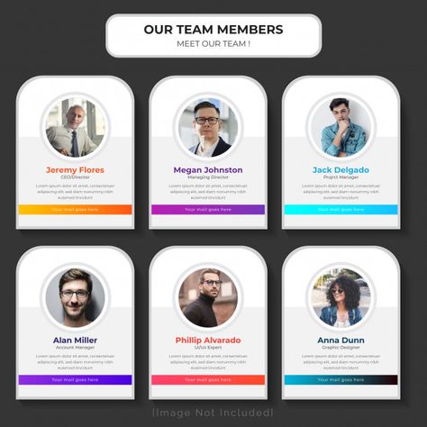 Meet our team web template | Premium Vector #Freepik #vector #business #abstract #people #technology Team Card Design, Meet Our Team Design Layout, Team Profile Design, Website Team Page, Team Page Web Design, Meet The Team Design, Meet The Team Design Layout, Coding Inspiration, Organizational Chart Design