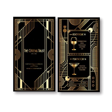 Design #9 by Whendy. | Roaring Twenties Cocktail Menu for Upscale Cocktail Lounge! Creative Cocktail Menu Design, Dogs Playing Poker, Evelyn Hugo, 90s Design, Cocktail Lounge, Golden Design, Best Wedding Gifts, Halloween Scene, Cocktail Menu