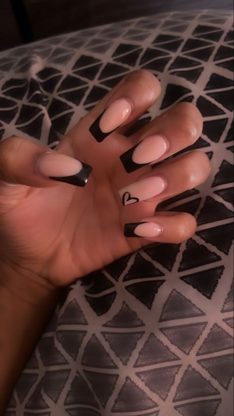 Black French Tip Nails With A Heart, Black Nails With A Heart, Black French Nails With Heart, Black Heart French Tips, Blue French Tip With Heart, Black French Tip With Initial, French Nails Black Tips, Black French Tips With Hearts, Black French With Heart