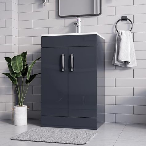 BELOFAY New York Grey 500mm Floor Standing Bathroom Vanity Unit With Basin - Laquered Cloakroom Vanity Unit with 1 Tap Hole Cerami Standing Bathroom Vanity, Ensuite Bathroom Designs, Bathroom Vanity Unit, Cloakroom Vanity Unit, Soft Close Hinges, Wash Stand, Basin Vanity Unit, Ceramic Basin, Ensuite Bathroom