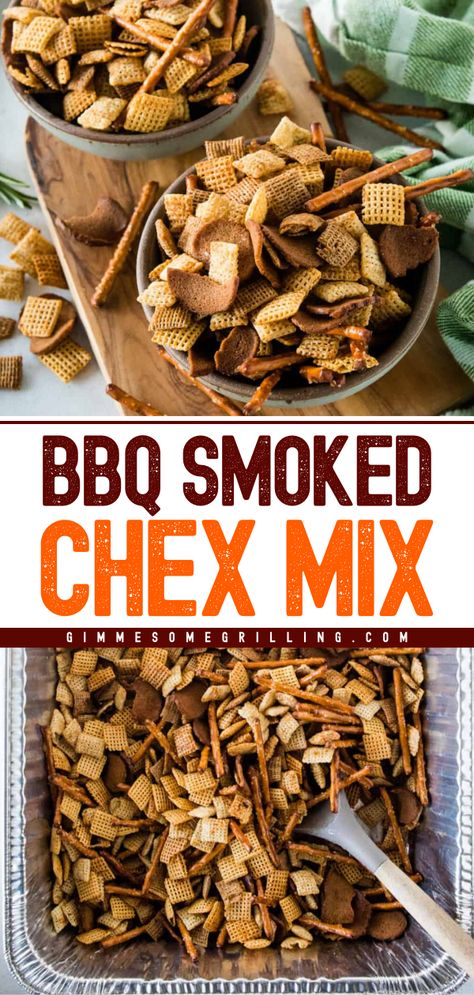 This BBQ Smoked Chex Mix is a delicious holiday snack prepared on your electric smoker! This snack mix starts with Chex Cereals, pretzels, and Rye Chips tossed in butter, Worcestershire sauce, and BBQ Rub. Pin this holiday appetizer recipe! Smoked Food For A Crowd, Smoked Chex Mix Recipes, Best Chex Mix Recipe, Rye Chips, Easy Appetizers For A Party, Quick Party Appetizers, Chex Mix Recipe, Urban Cowgirl, Chex Mix Recipes