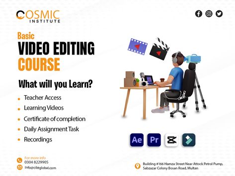 🌟 Want to create amazing videos? Join our 𝐕𝐢𝐝𝐞𝐨 𝐄𝐝𝐢𝐭𝐢𝐧𝐠 𝐂𝐨𝐮𝐫𝐬𝐞 and learn step-by-step from expert trainers. 🎓 Limited slots available...🔥 Don't miss out this opportunity to become a video editing wizard! Join our course today and let your creativity shine! ✨🎥🚀 #VideoEditingCourse #creativepotential #cosmicinstitute #learnfromexperts #LimitedSlotsAvailable #EnrollNow #visualstorytelling #enhanceyourskills Video Editing Course, Education Poster Design, Posts Ideas, Social Media Branding Design, Media Branding, Design Institute, Certificate Of Completion, Photography Courses, Education Poster