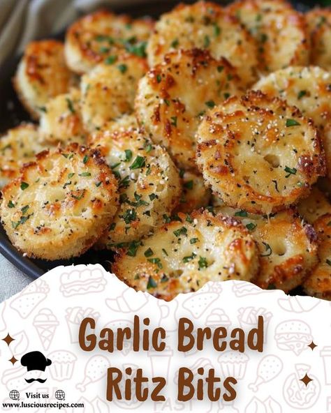 Luscious Recipes Crispy Garlic Bread Ritz Bits, Garlic Bread Ritz Bits, Luscious Recipes, Ritz Bits, Crackers Appetizers, Bagel Chips, Cracker Recipes, Ritz Crackers, Snack Attack