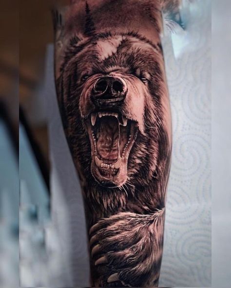 Tattoo Ideas Bear, Tattoos Bear, Grizzly Bear Tattoos, Tattoo Bear, Beer Tattoos, Hand Tattoo Designs, Bear Tattoo Designs, Animal Sleeve Tattoo, Nature Tattoo Sleeve