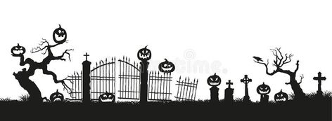 Holiday Halloween. Black silhouettes of pumpkins on the cemetery on white background. Graveyard and broken trees royalty free illustration Beetlejuice Bedroom, October Background, Unique Halloween Crafts, Hell Background, Gothic Cemetery, Hat Painting, Pumpkin Outline, Landscape Silhouette, Castle Silhouette