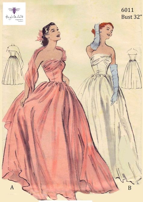 Dress Patterns Uk, 1950s Prom Dress, Vintage Fashion Sketches, Prom Dress Pattern, 50s Prom, Gown Sewing Pattern, Vintage Ball Gowns, Evening Dress Patterns, 1950s Sewing Patterns