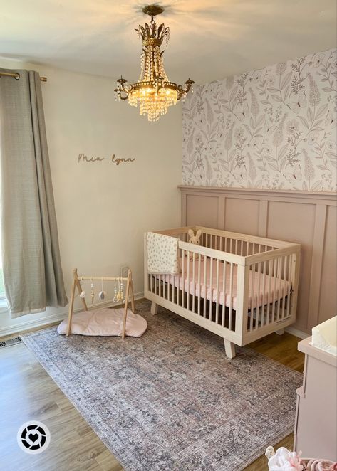 Baby girl nursery | nusery inspo | nursery wallpaper | loomwell wallpaper | personalized wooden name sign | newton baby crib matress | wooden baby crib | nursery rug | Babygirl Room Nursery, Girl Crib Ideas, Bead Board Nursery Girl, Baby Girl Nursery Aesthetic, Nursery Paneling And Wallpaper, Board And Batten Wall With Wallpaper Nursery, Board And Batten Nursery Girl, Nursery Wall Molding, Panelling Nursery Pink