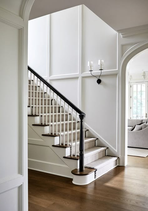 Country Club Hills — Erica Burns Interiors Iron Rail Staircase, English Cottage Staircase, White Banisters And Railings, White And Wood Staircase, Board And Batten Staircase, Split Stairs, Stair Moulding, Staircase Wall Design, Railings For Stairs